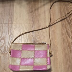 Pink and Tan patch cross body bag